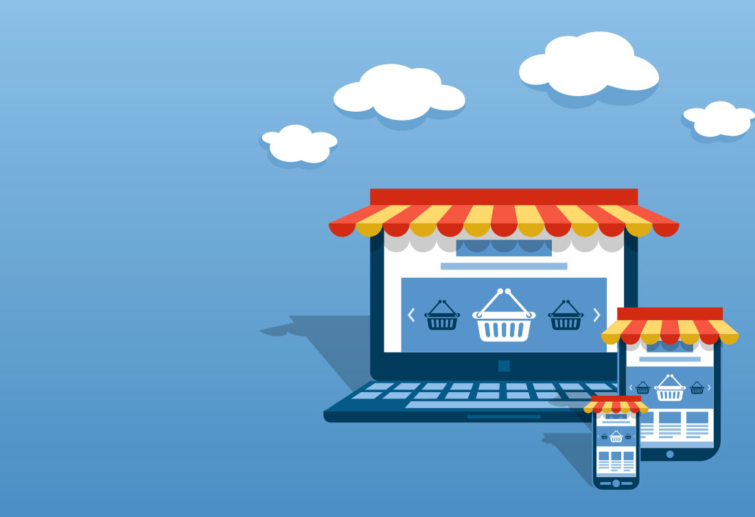 Compras en línea tienda en línea en el fondo de la aplicación del sitio web  concepto de tienda de marketing digital ilustración 3d  Foto Premium